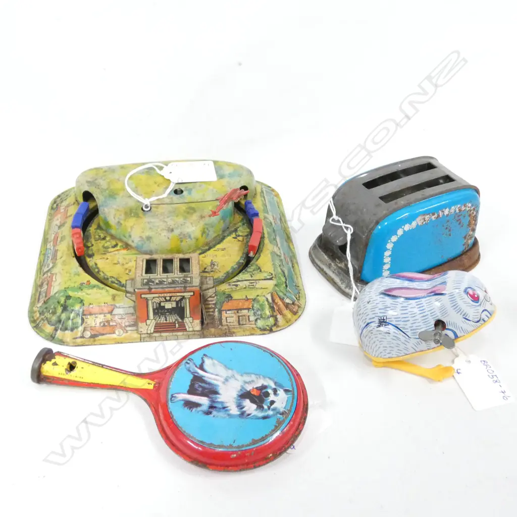4 OLD TINPLATE TOYS; TRAINS & PLANE / POP UP TOASTER / RATTLE (?) & HOPPING BUNNY Image 1++
